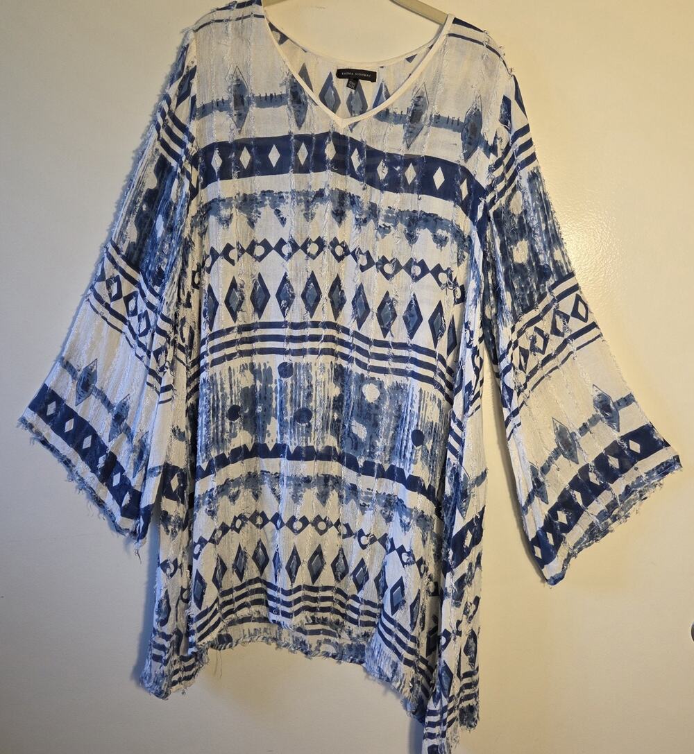 Karma Highway Tunic Top Swim Cover One Size Blue White Geometric Bell Sleeves